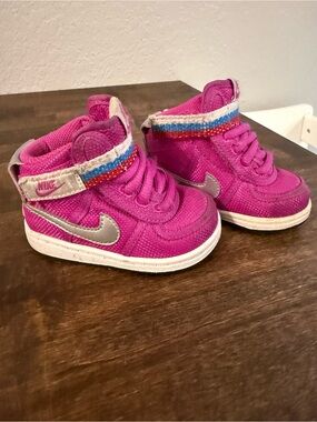 Nike Bright Pink Toddler High-Top Sneakers with Metallic Swoosh